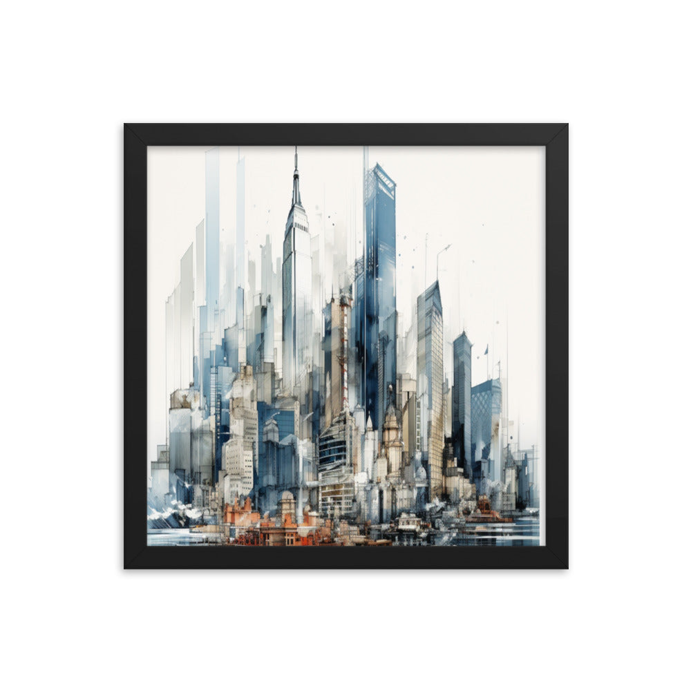 New York City - Blue/Black Abstract City Art Framed Poster