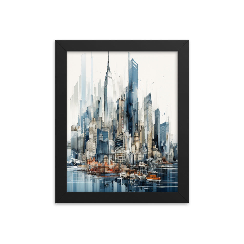New York City - Blue/Black Abstract City Art Framed Poster